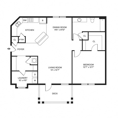 Floor plan for 1 bed, 1 bath, 943 sqft
